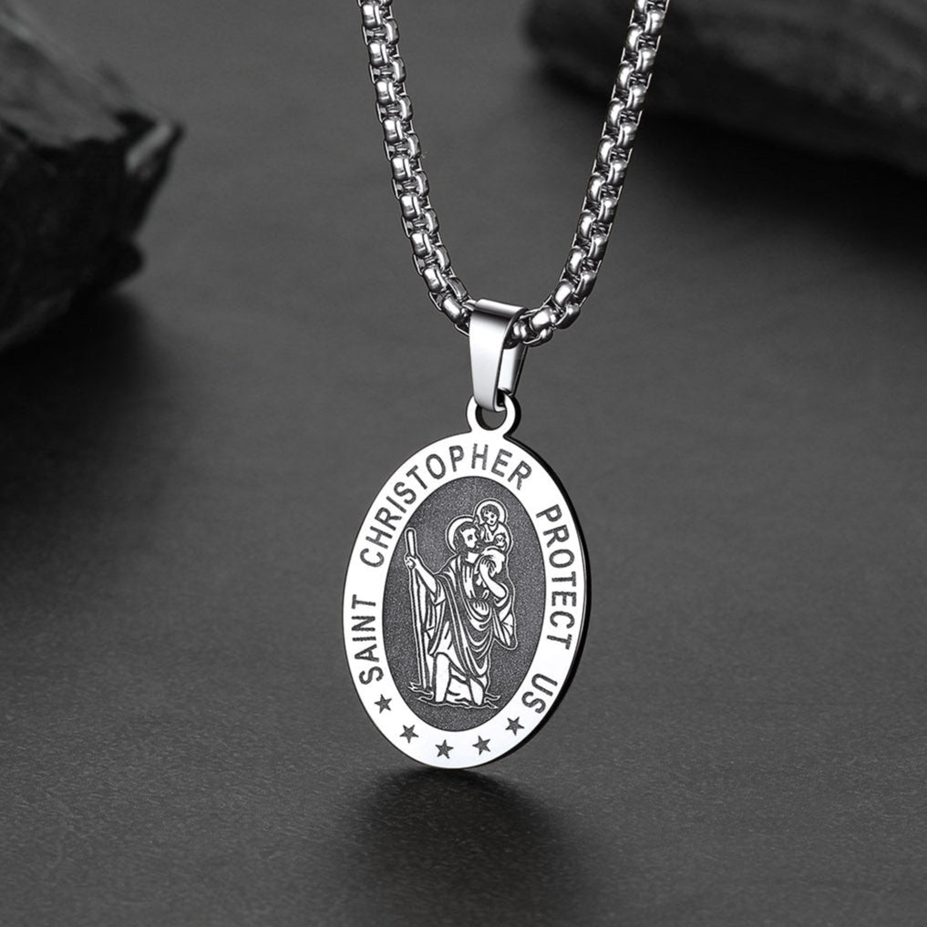 Steel Oval Christian Saint Christopher Protection Necklace For Men