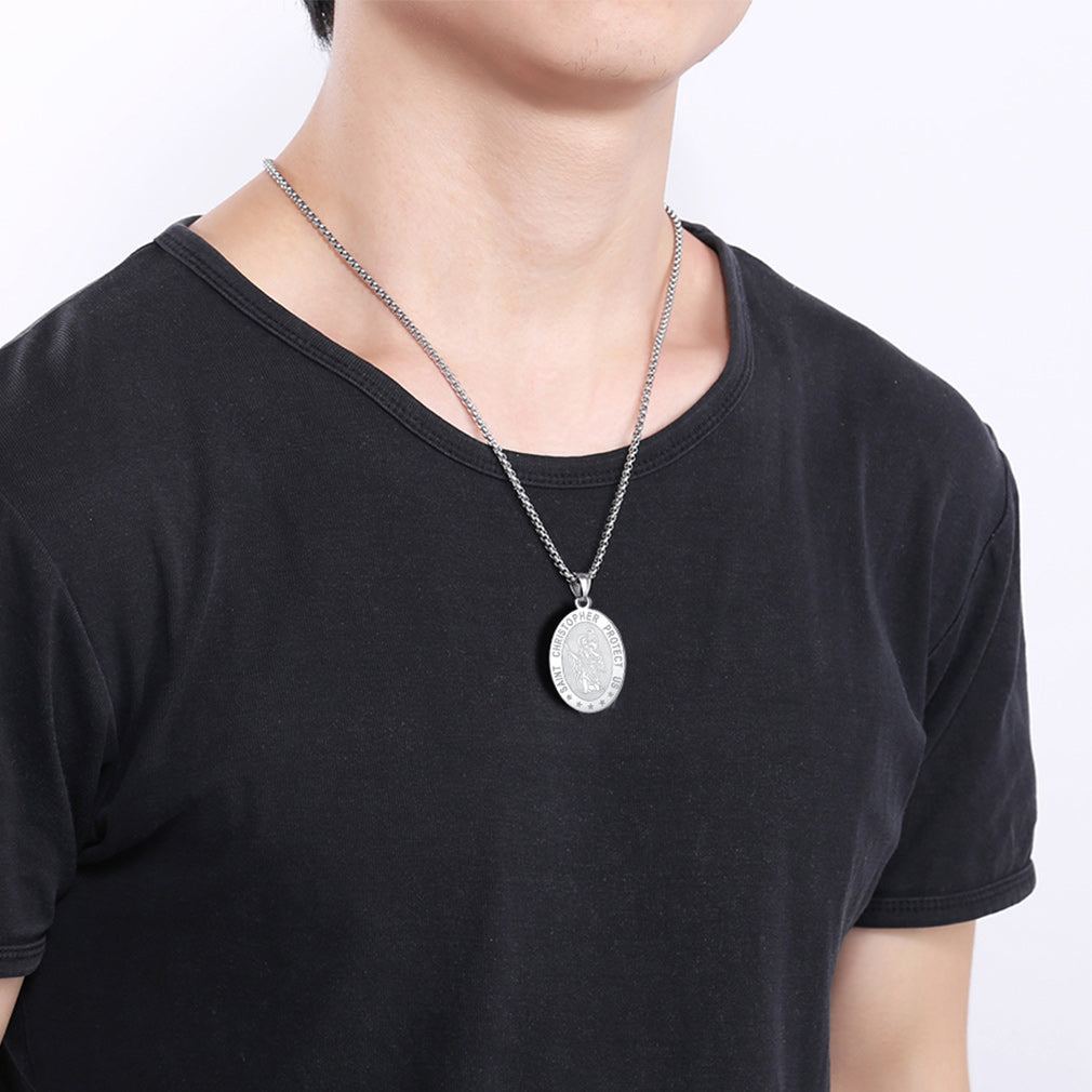 Stainless steel St. Christopher pendant necklace for men, oval protection medal, religious jewelry.