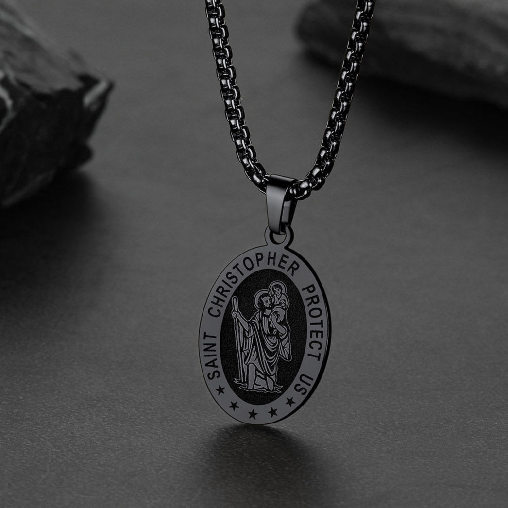 Black Oval Christian Saint Christopher Protection Necklace For Men