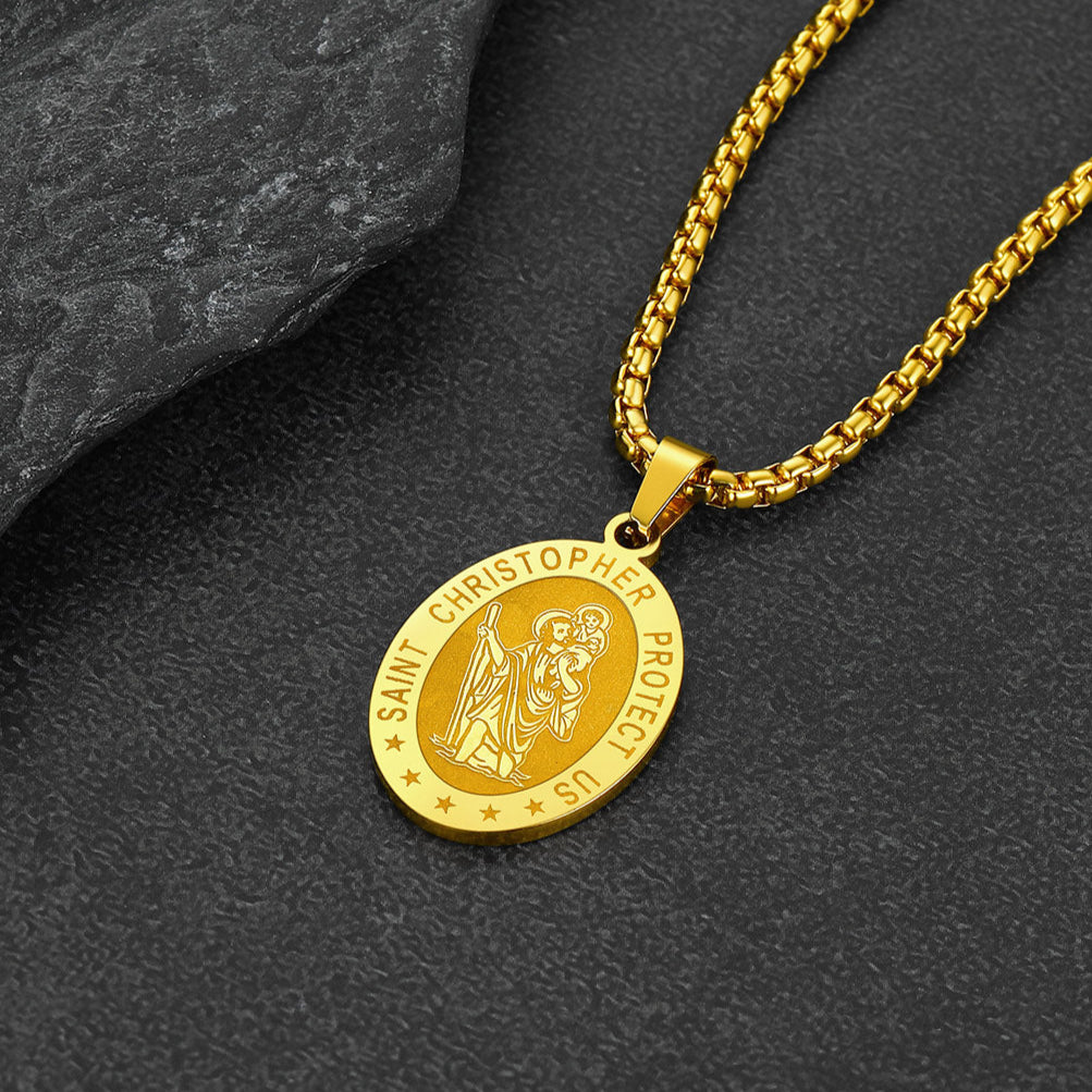 Gold Oval Christian Saint Christopher Protection Necklace For Men