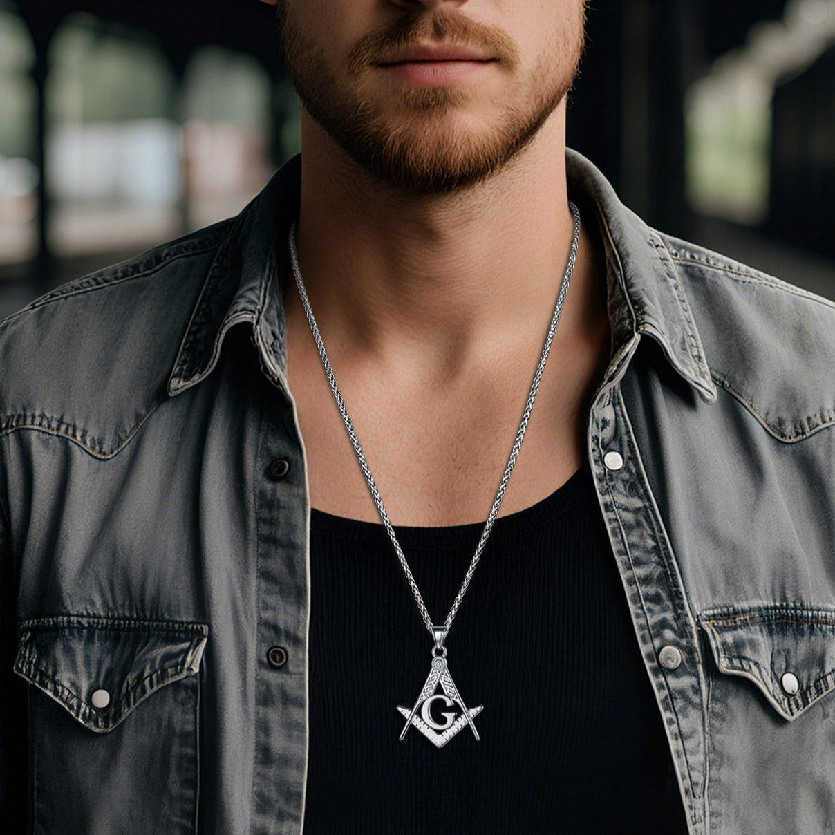 Man wearing a denim jacket and black shirt with a necklace featuring a Masonic symbol.