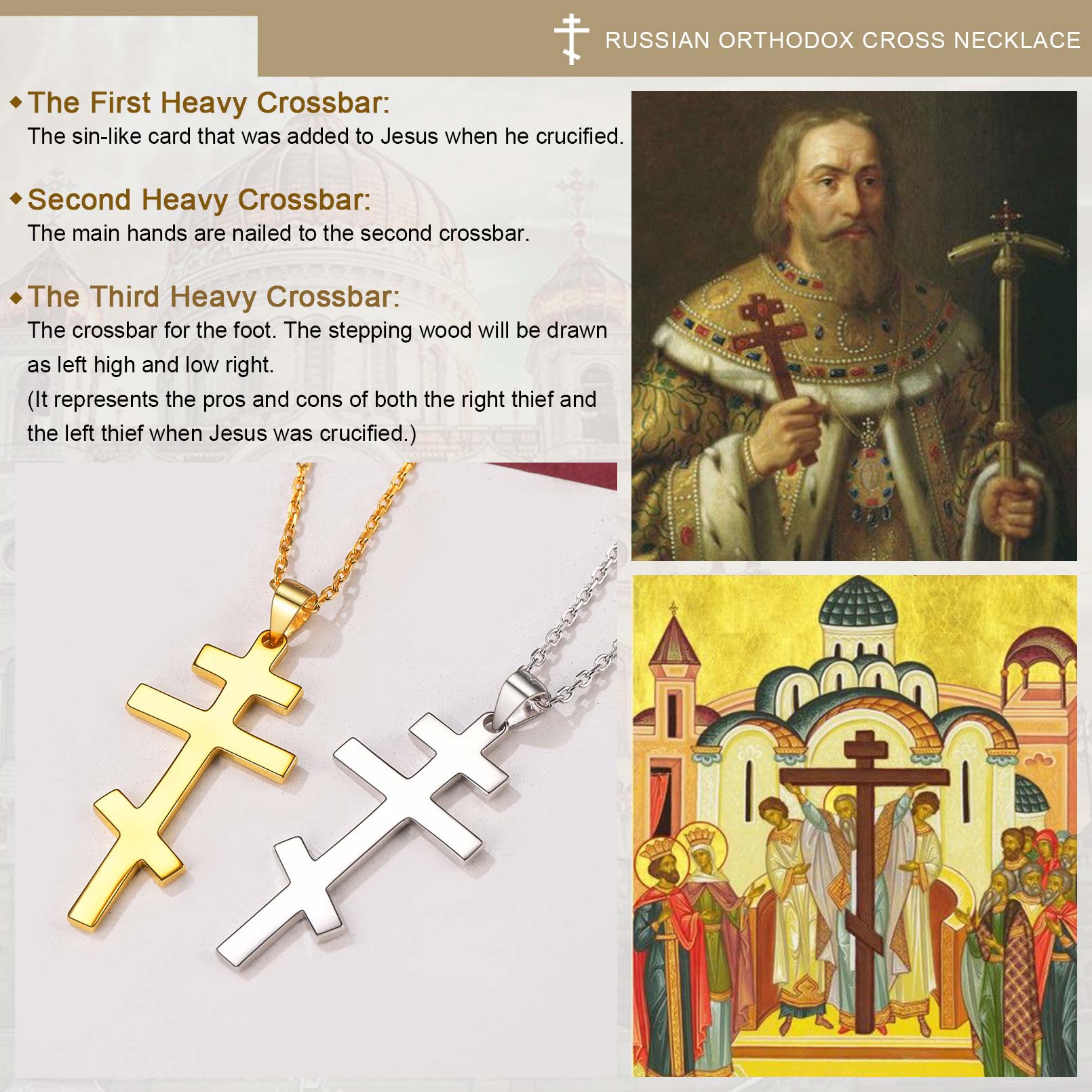 Russian Orthodox cross necklace with religious text and images of a priest and icon.