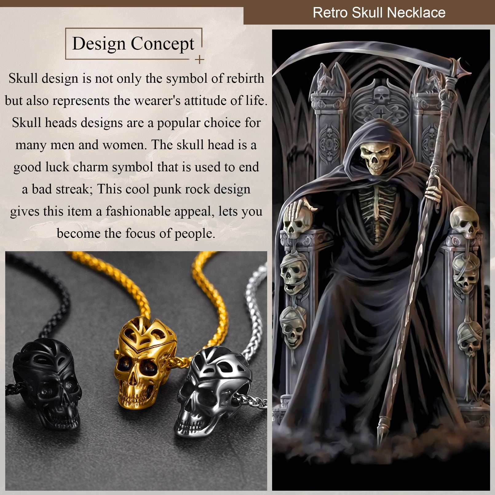 Gothic Skull Necklace for men, Fashionable punk rock design,Black Gold Silver Pendant