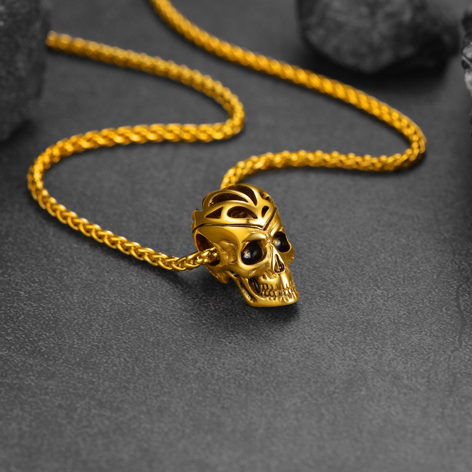 Gold Gothic Skull Pendant Necklace for Men