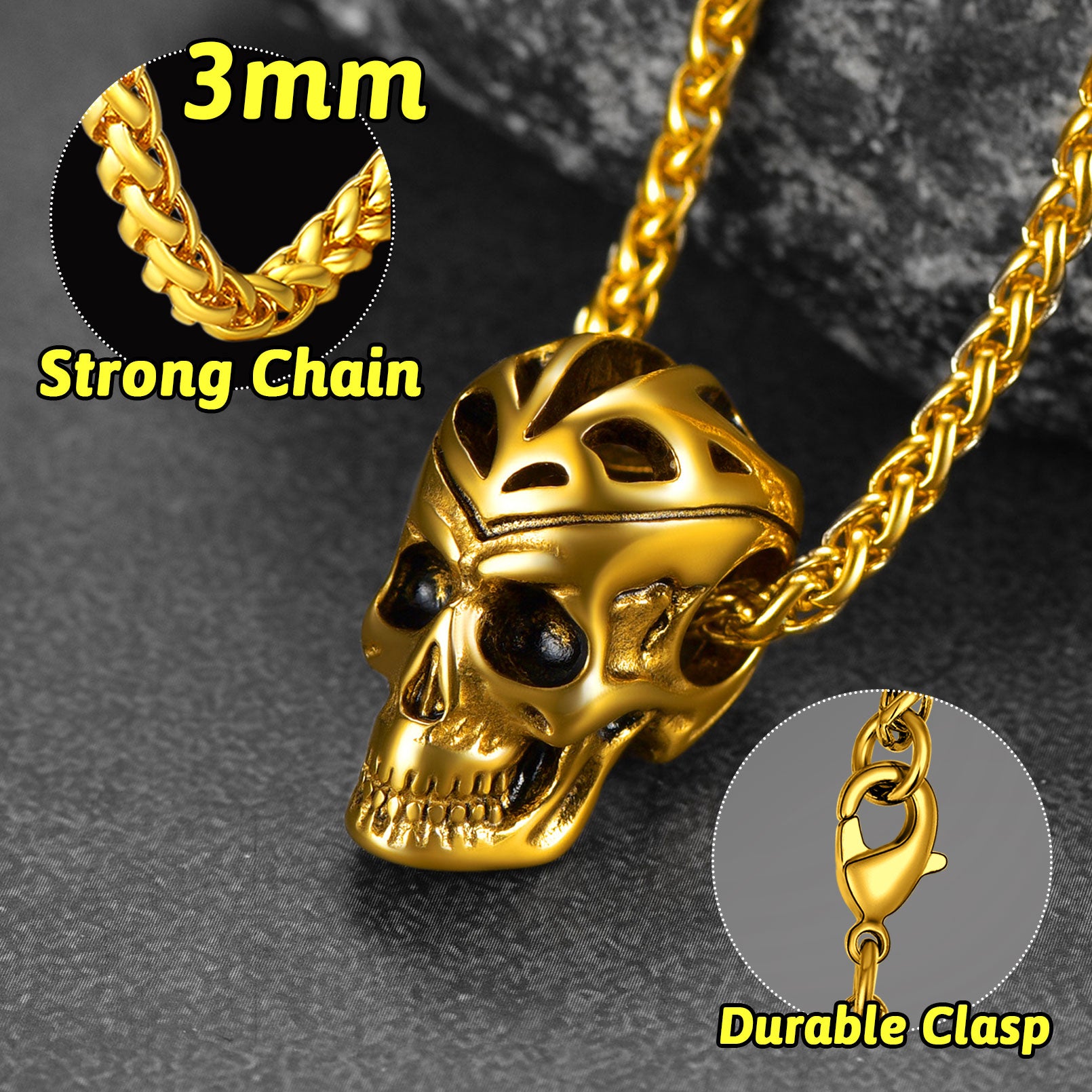 Golden Gothic Skull Pendant Necklace for Men with Durable Chain
