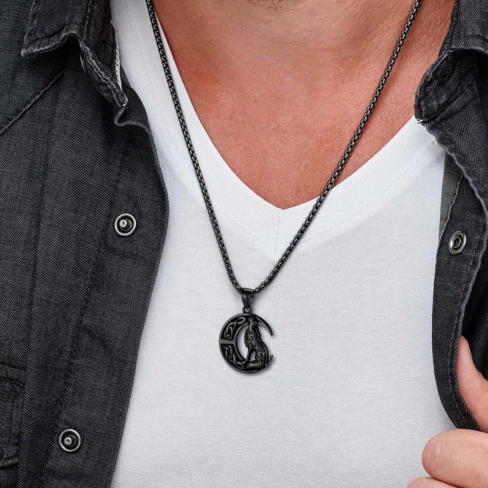 FaithHeart Viking Celtic Moon Wolf Necklace Pendant For Men FaithHeart