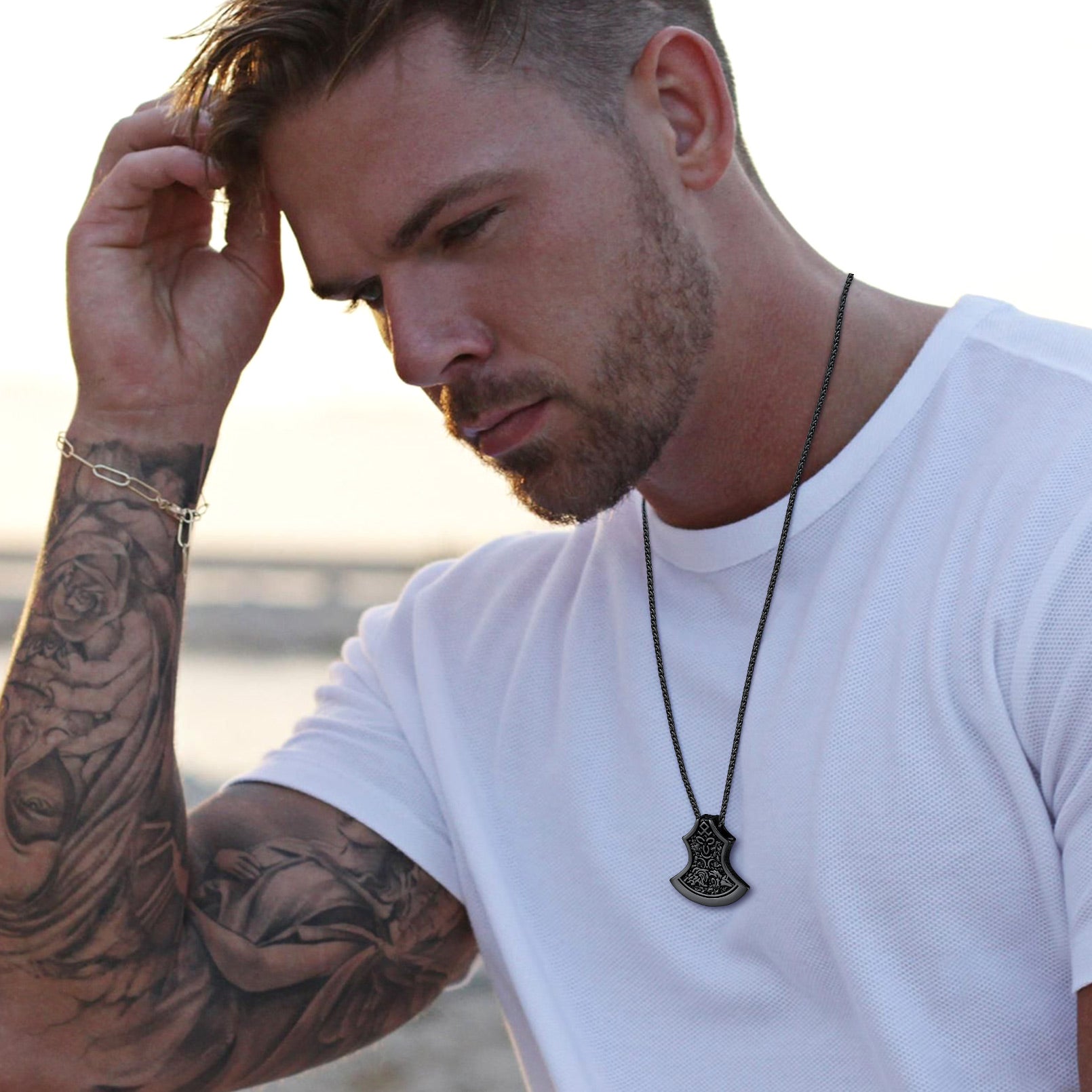 Man wearing Viking Axe Pendant Necklace