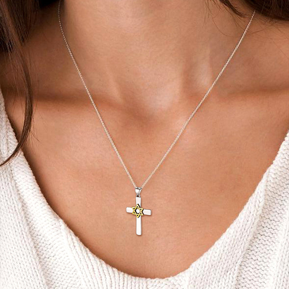 Silver Cross Star of David Pendant Necklace for Men Women