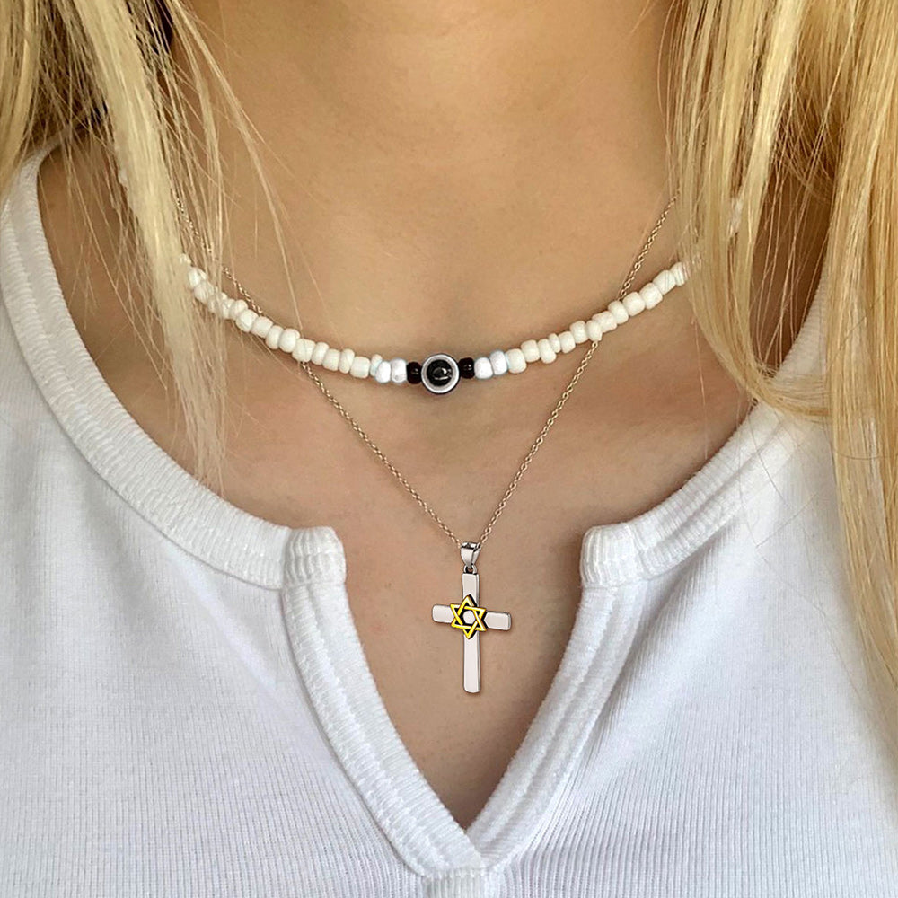Silver Cross Star of David Pendant Necklace for Men Women