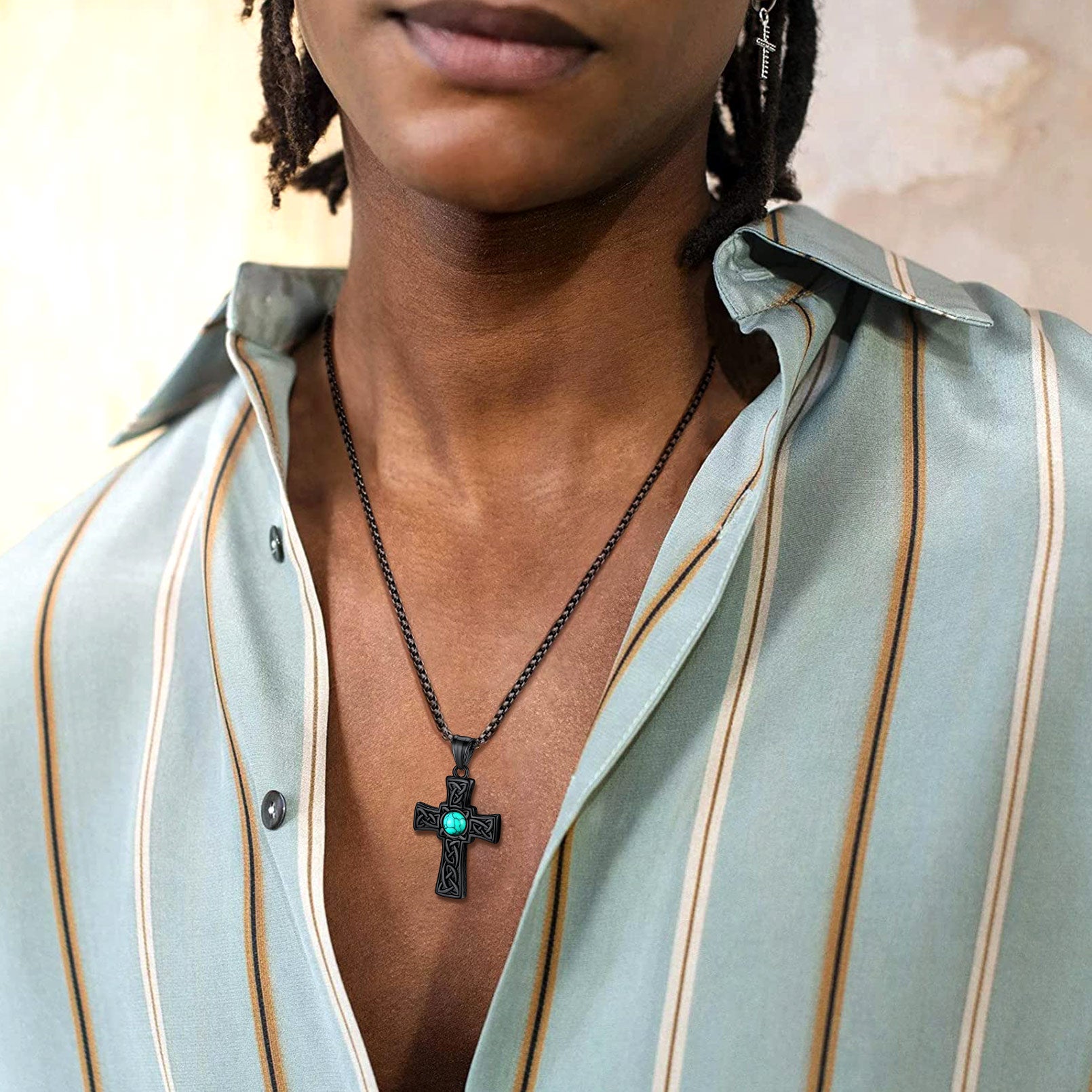 Turquoise Celtic Cross Pendant Necklace For Men