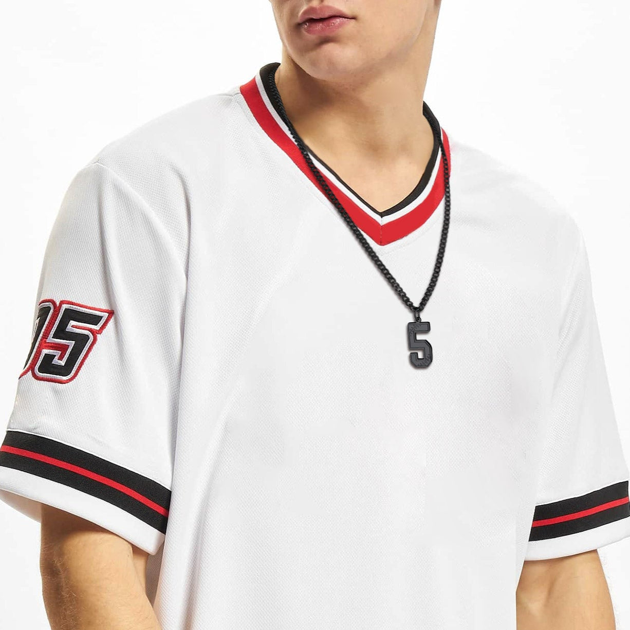 Man wearing custom baseball number 5 pendant necklace