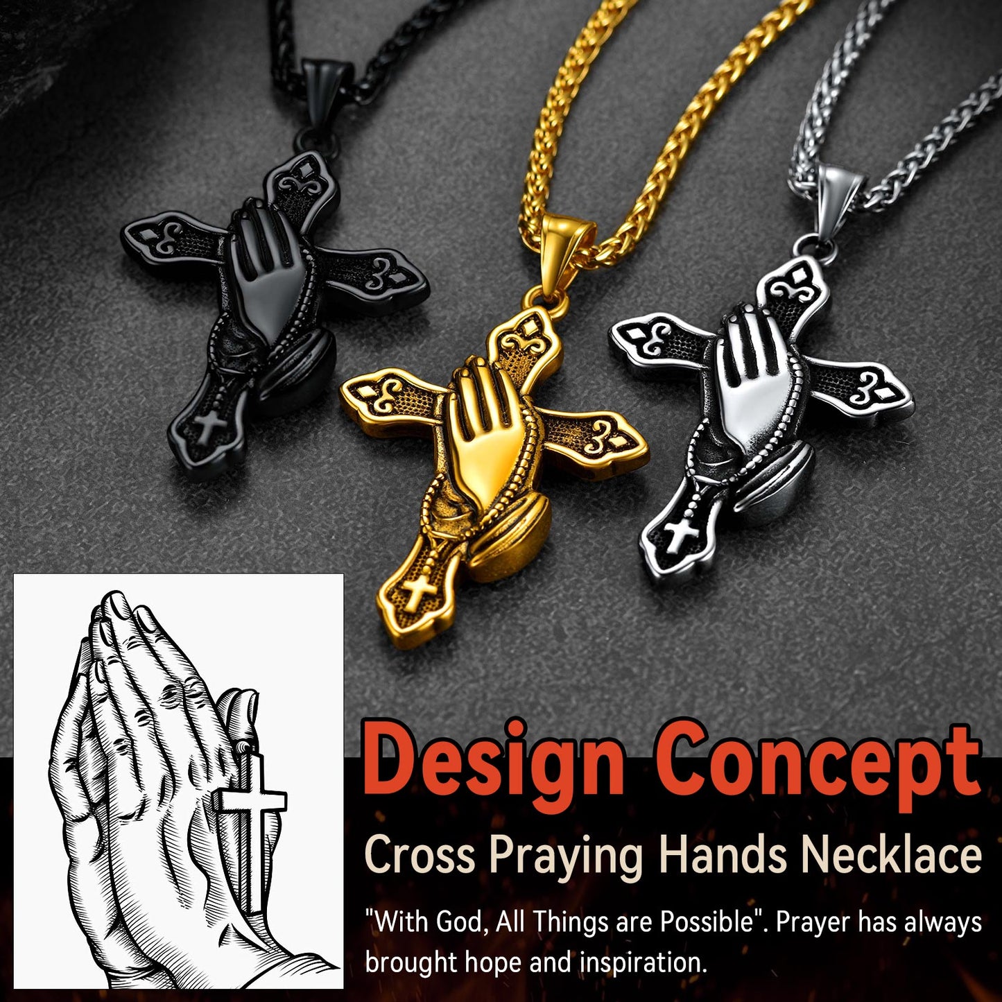 Stainless steel praying hands cross necklace, FaithHeart Jewelry