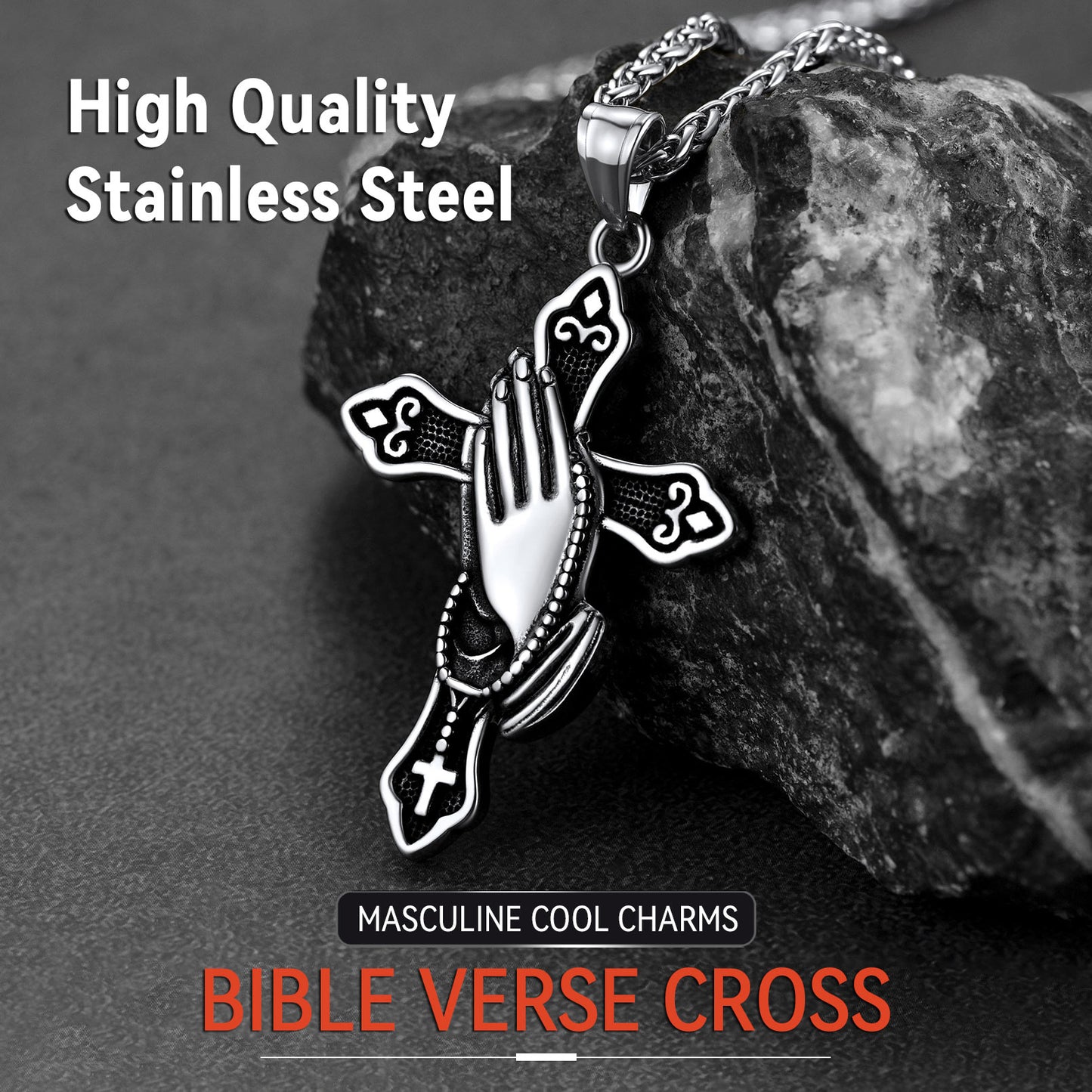 Stainless steel praying hands cross necklace for men - Bible Verse Cross