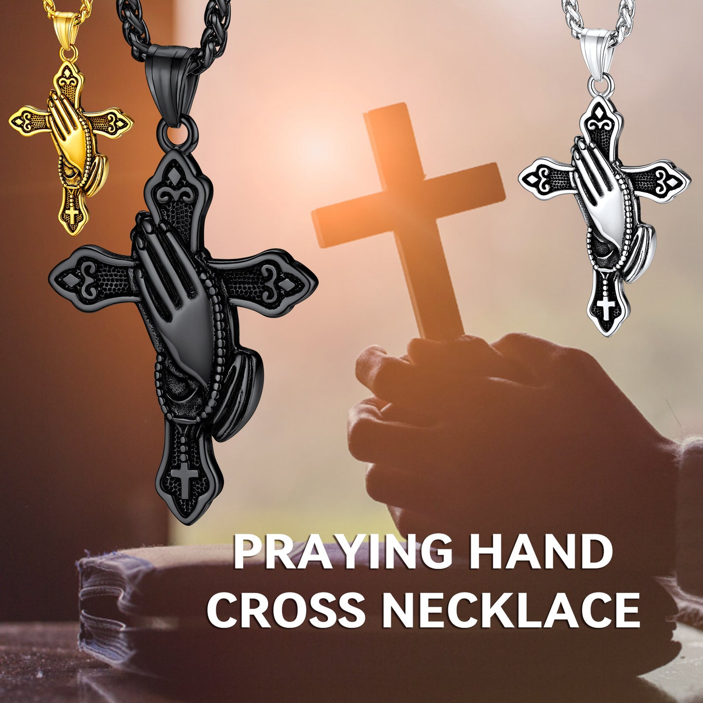 Men's Praying Hands Cross Necklace, Stainless Steel