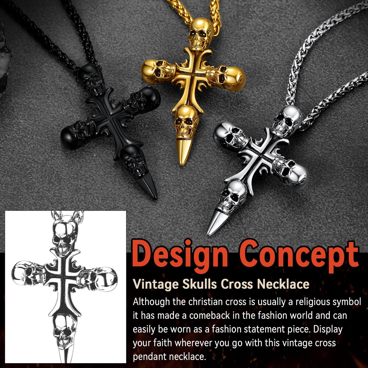 Vintage Skull Cross Necklace for Men - Stainless Steel