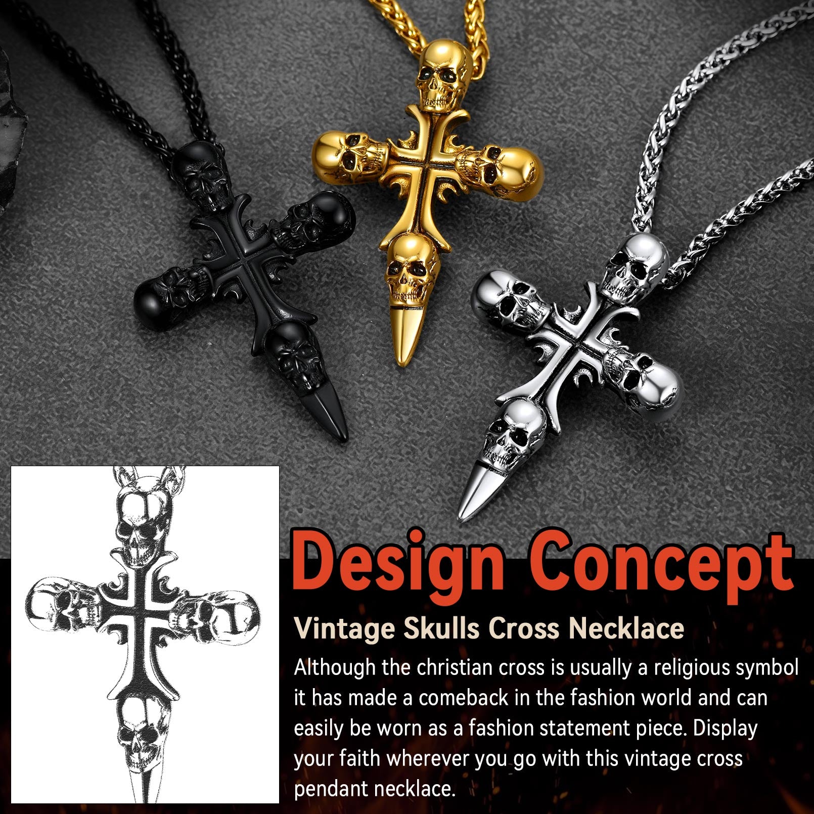 Vintage Skull Cross Necklace for Men - Stainless Steel