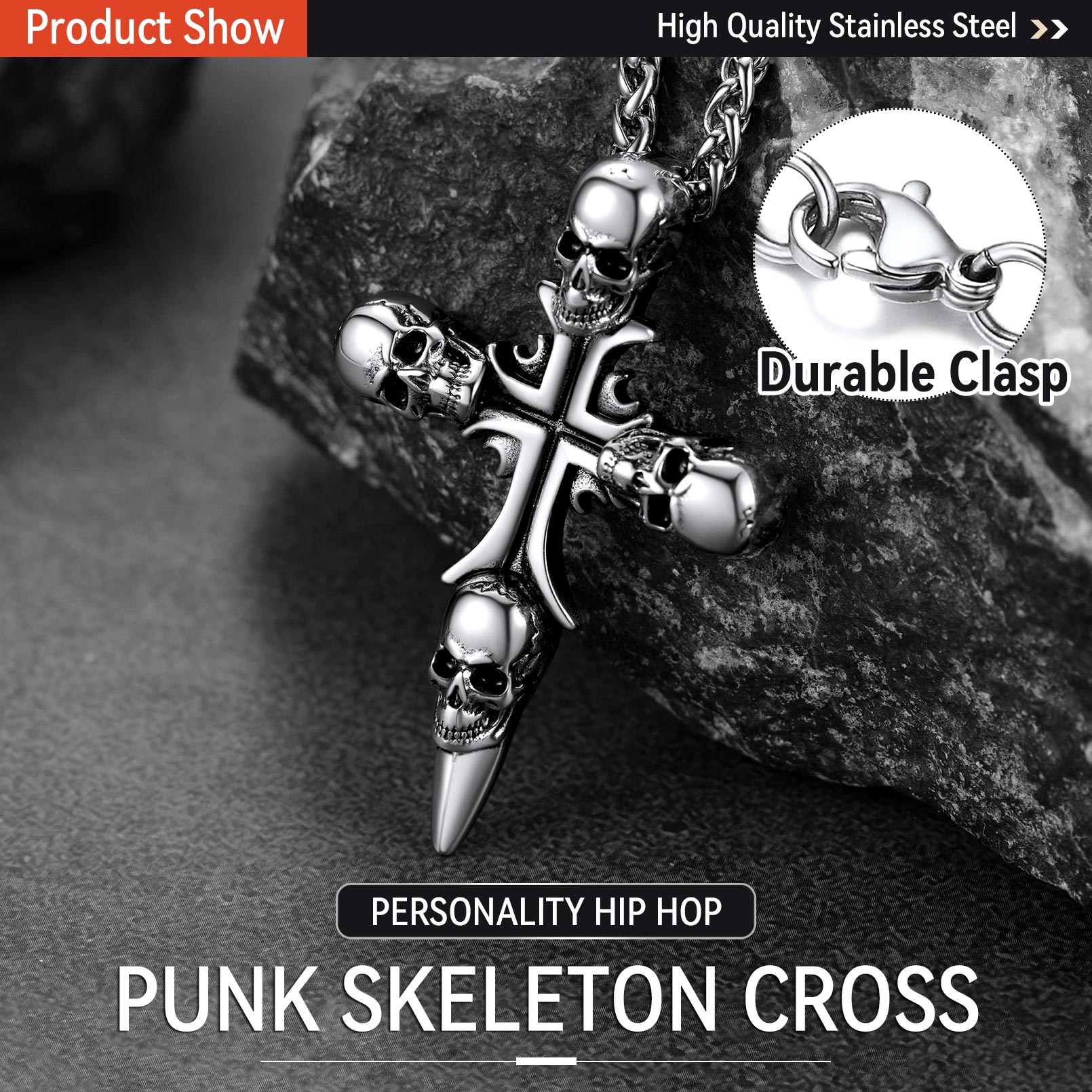 Punk Skeleton Cross Necklace for Men - Stainless Steel