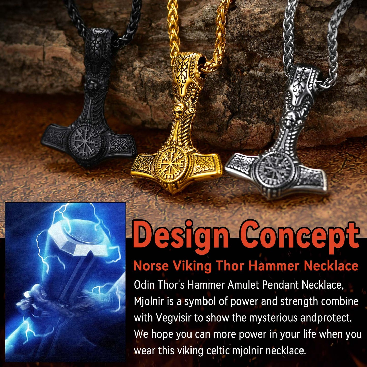 Layered Cuban chain and Thor’s hammer pendant necklaces