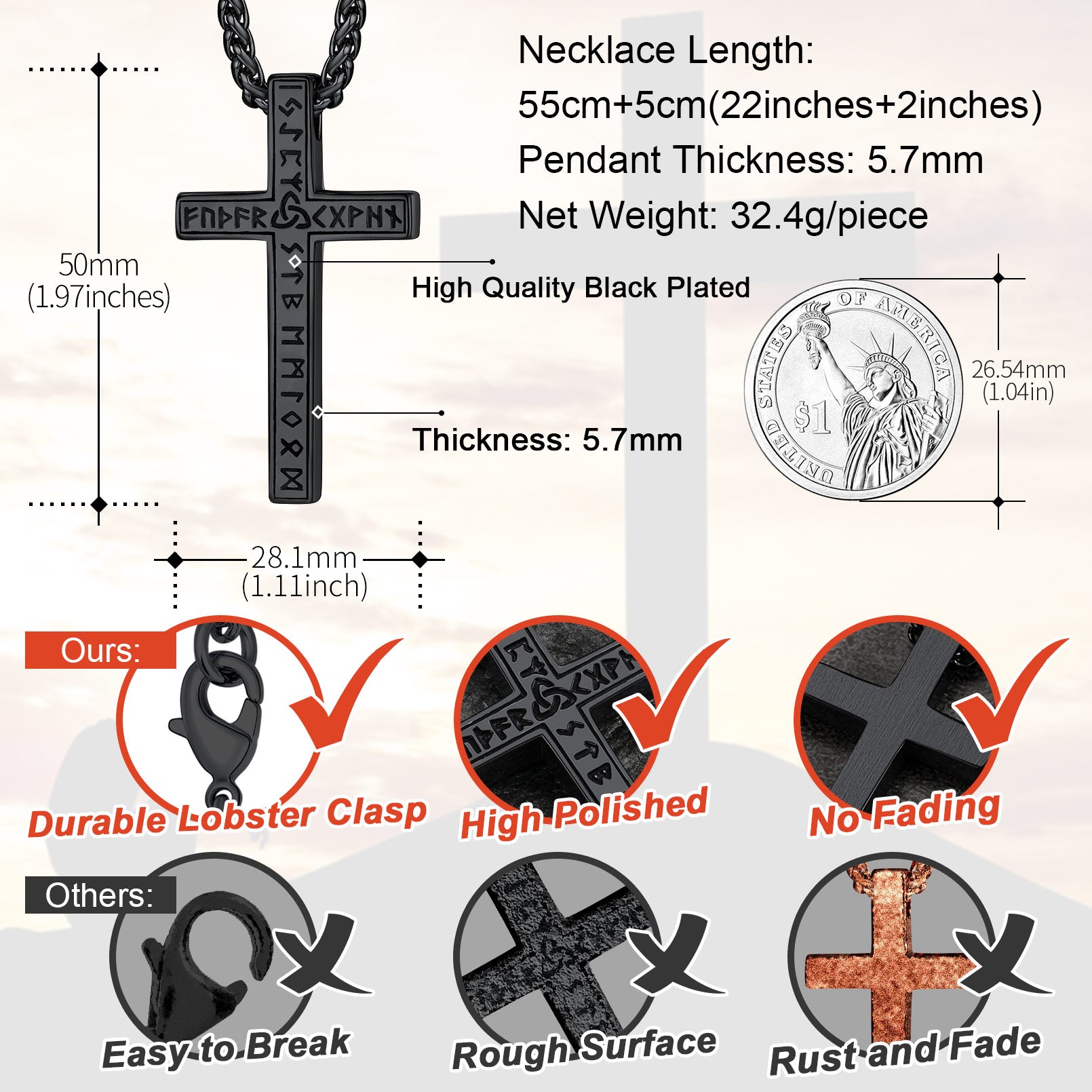 Norse Viking Cross Pendant Necklace details and features