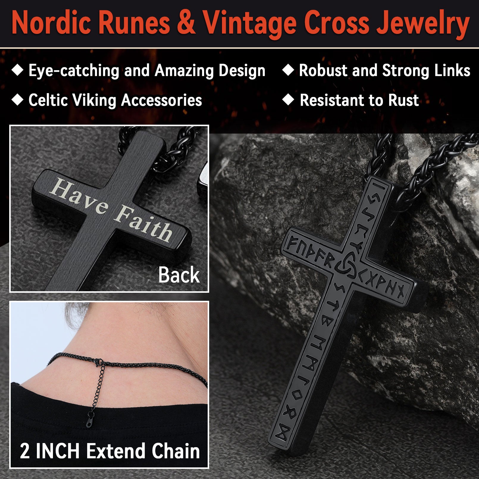 Norse Viking Cross Necklace with Runes - FaithHeart Jewelry