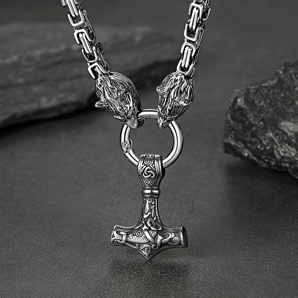 FaithHeart Viking Mjolnir Thor's Hammer Necklace Wolf Head Chain FaithHeart
