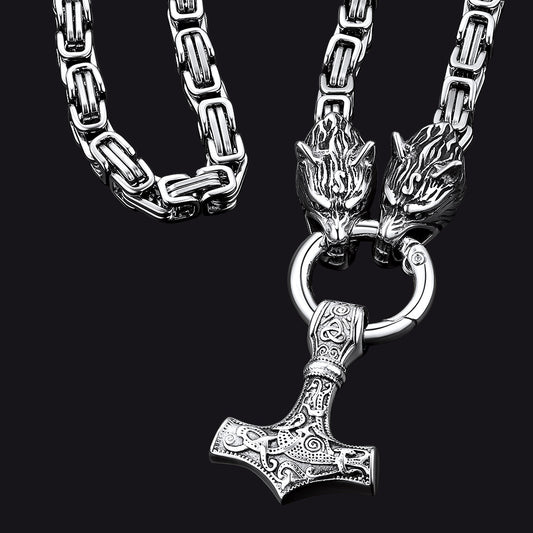 FaithHeart Viking Mjolnir Thor's Hammer Necklace Wolf Head Chain FaithHeart