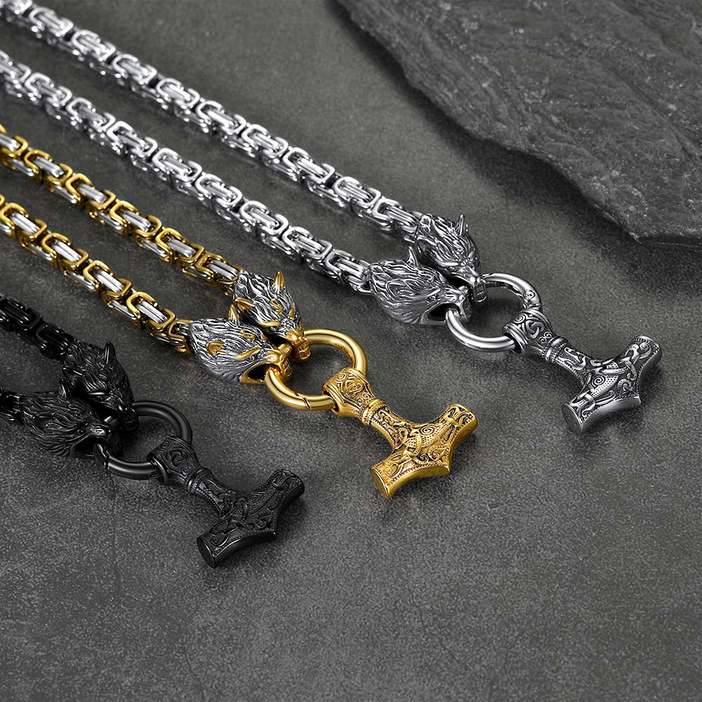 FaithHeart Viking Mjolnir Thor's Hammer Necklace Wolf Head Chain FaithHeart