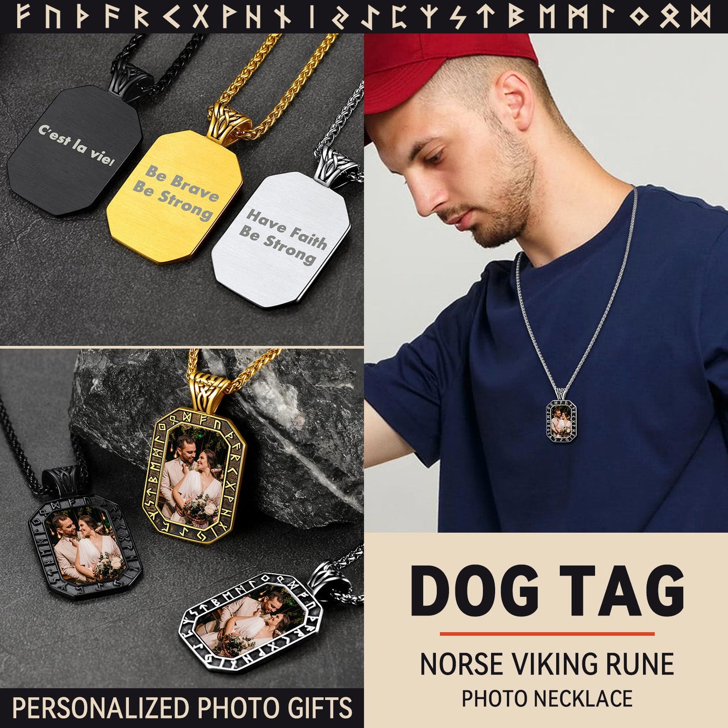 Customized photo dog tag pendant necklace with Viking Runes for men