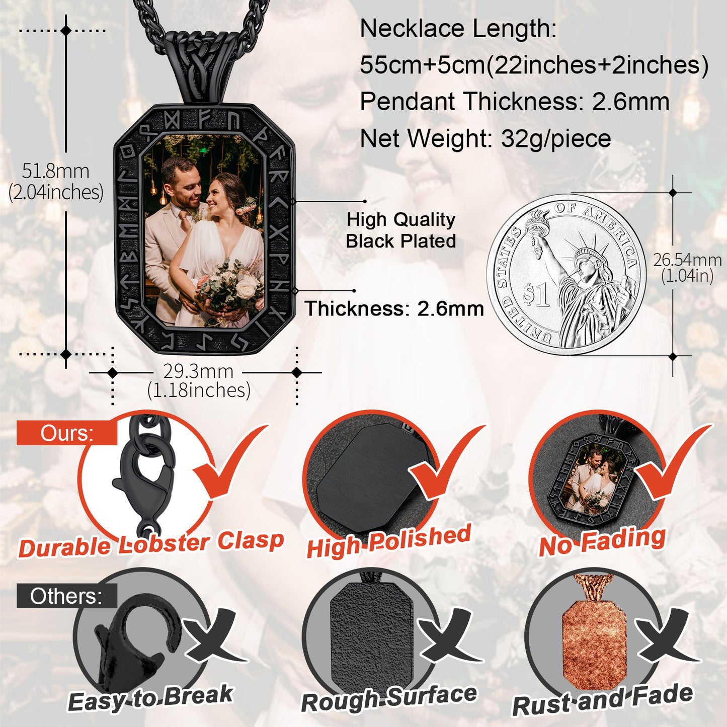 Custom photo dog tag pendant necklace, details of materials and sizes