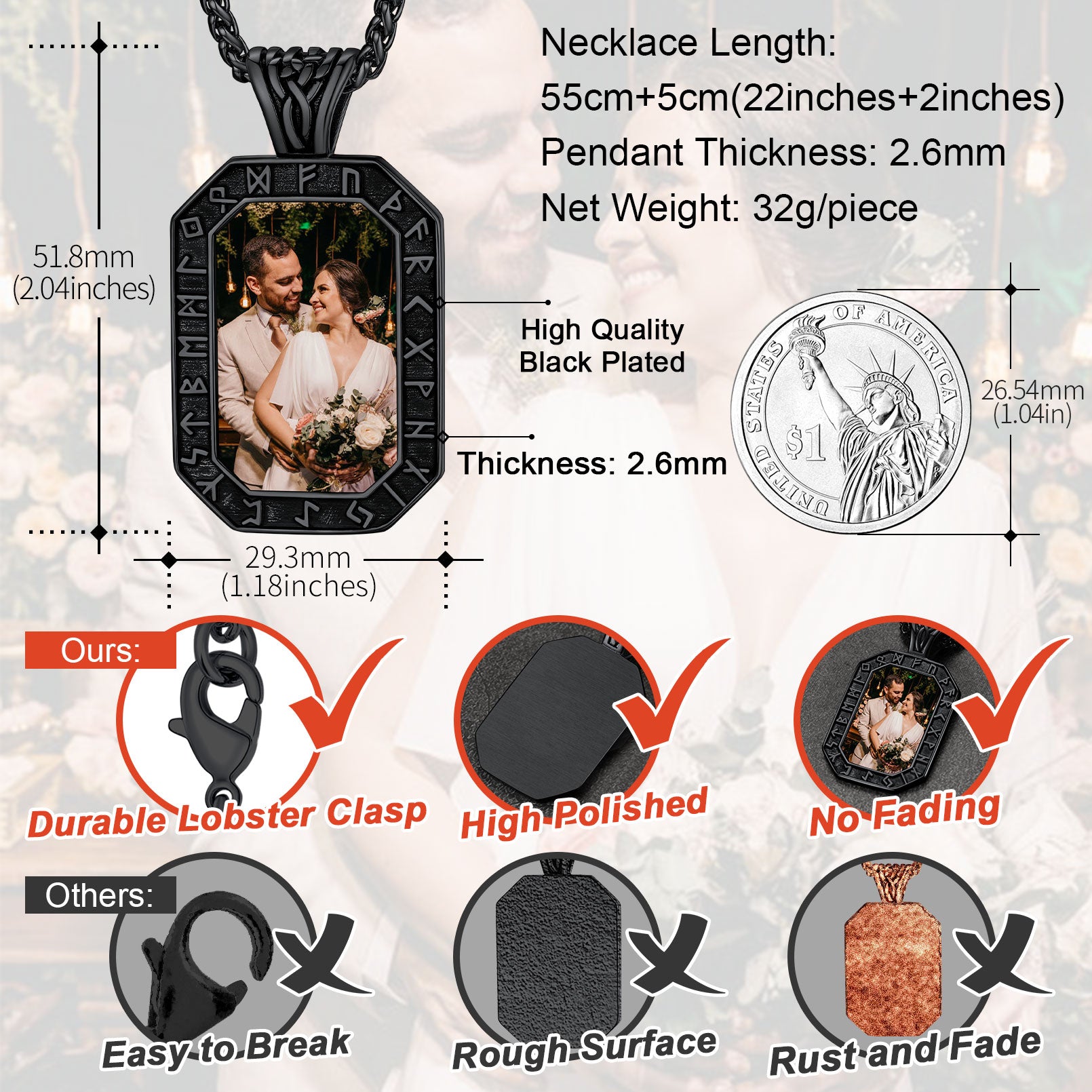 Custom photo dog tag pendant necklace, details of materials and sizes