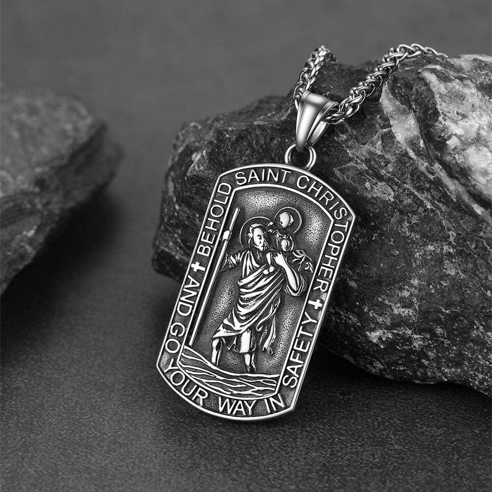 FaithHeart Saint Christopher Dog Tag Pendant Necklace Stainless Steel Catholic Jewelry FaithHeart