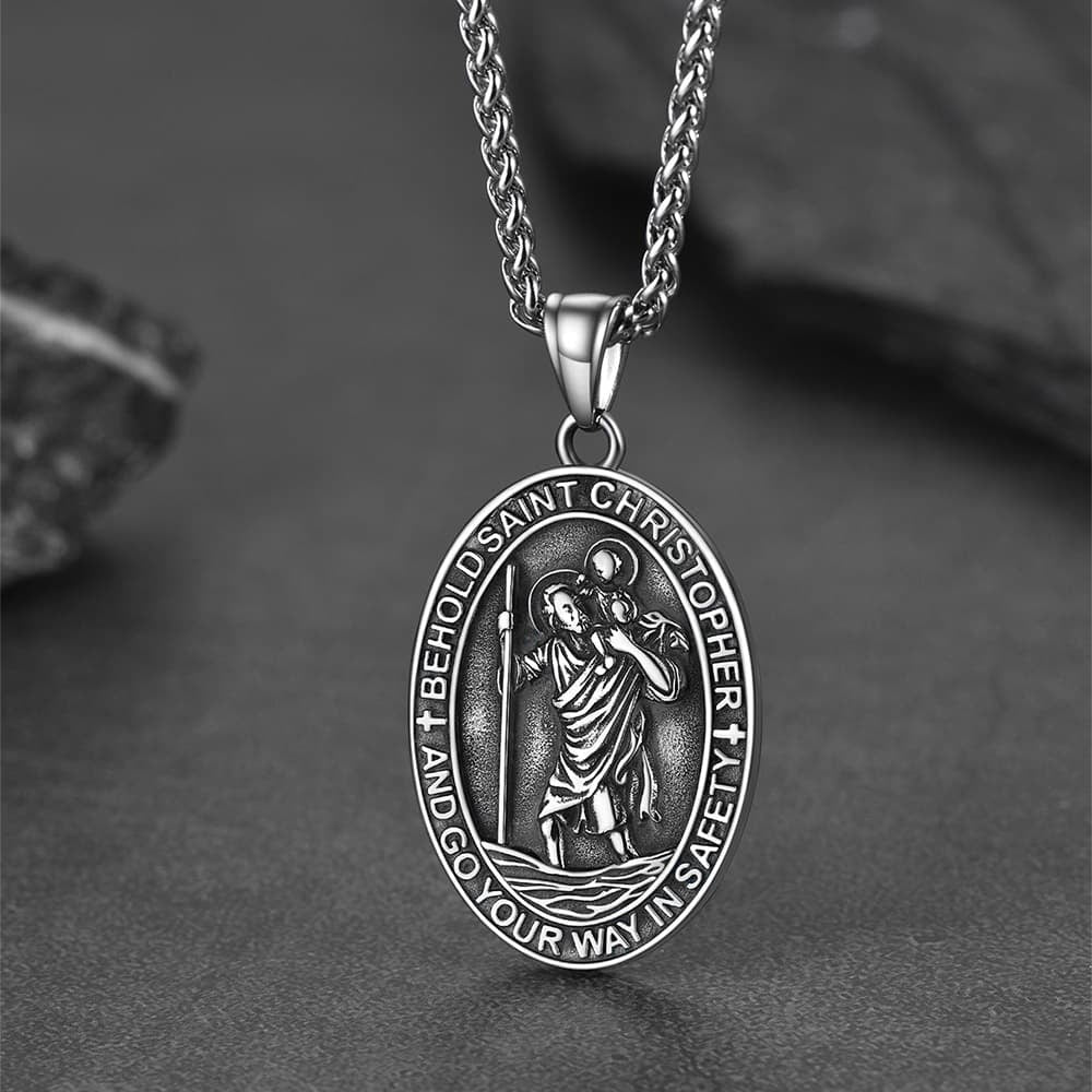 FaithHeart Saint Christopher Oval Pendant Necklace Stainless Steel Catholic Jewelry FaithHeart