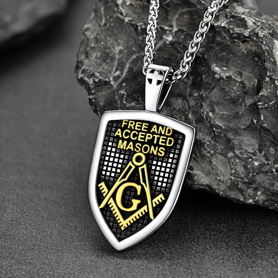 FaithHeart Freemason Symbol Masonic Shield Pendant Necklace Stainless Steel Chain FaithHeart