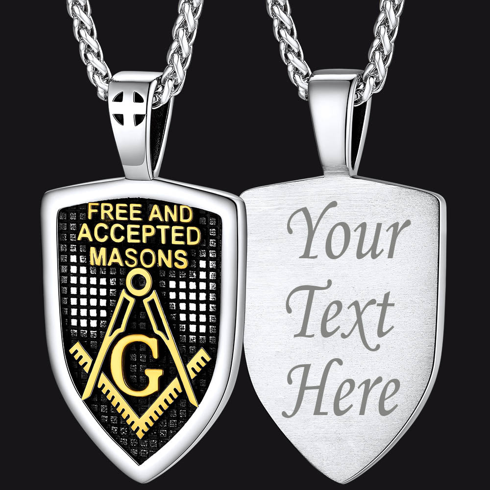 FaithHeart Freemason Symbol Masonic Shield Pendant Necklace Stainless Steel Chain FaithHeart