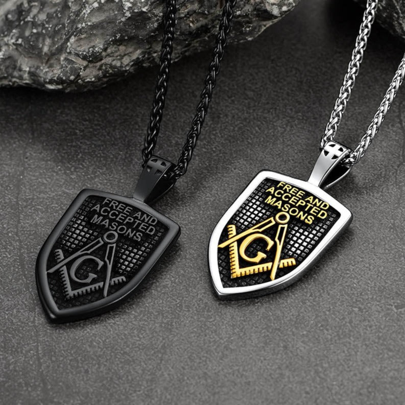 FaithHeart Freemason Symbol Masonic Shield Pendant Necklace Stainless Steel Chain FaithHeart