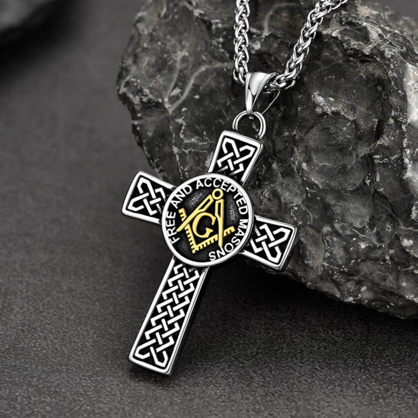 FaithHeart Masonic Symbol Cross Pendant Necklace Stainless Steel Vintage Mason Necklace FaithHeart