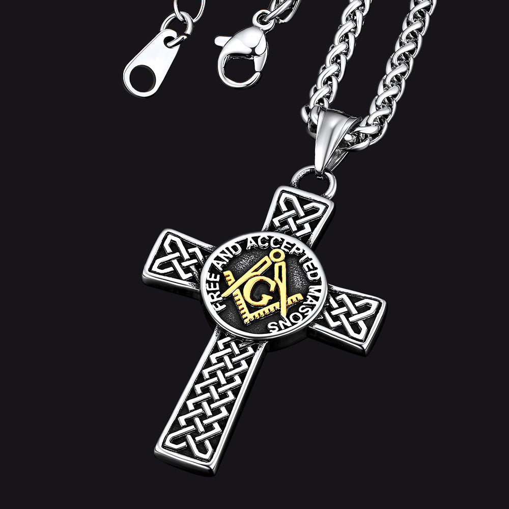 FaithHeart Masonic Symbol Cross Pendant Necklace Stainless Steel Vintage Mason Necklace FaithHeart