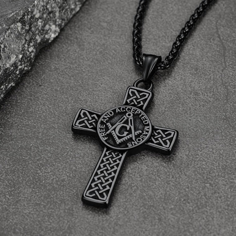 FaithHeart Masonic Symbol Cross Pendant Necklace Stainless Steel Vintage Mason Necklace FaithHeart