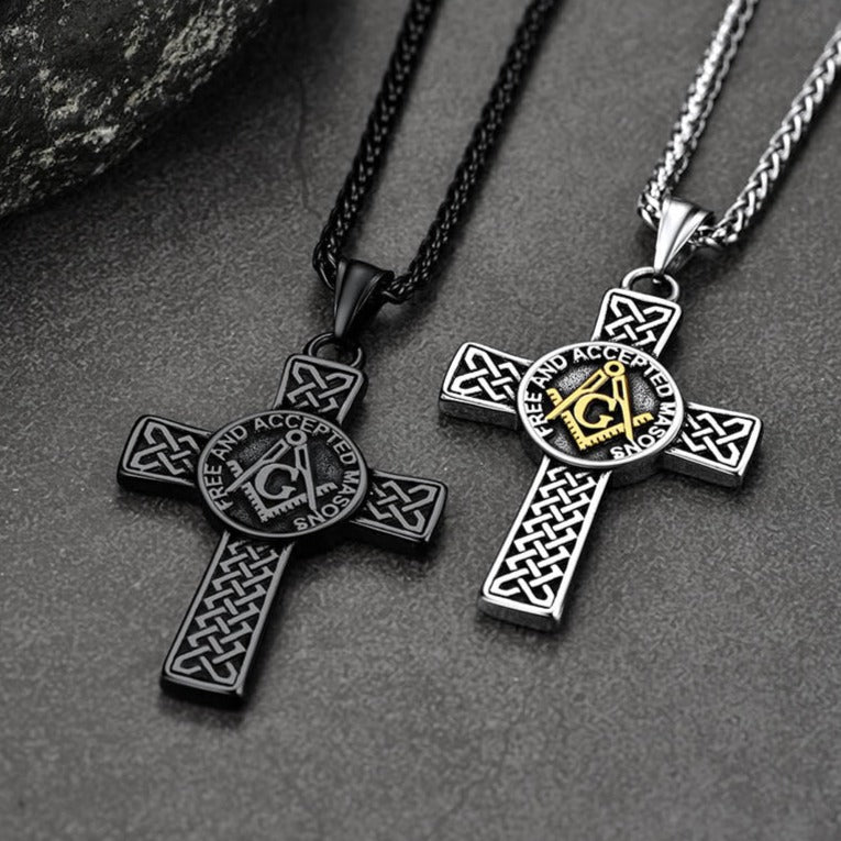 FaithHeart Masonic Symbol Cross Pendant Necklace Stainless Steel Vintage Mason Necklace FaithHeart