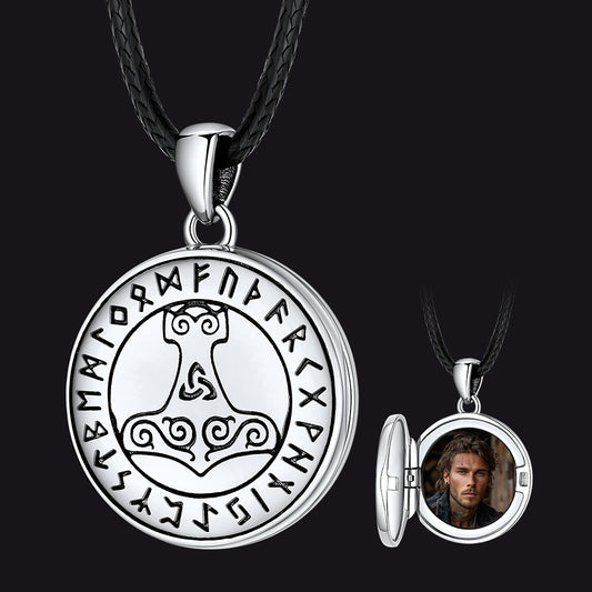 FaithHeart Viking Thor's Hammer Photo Locket Necklace with Runes FaithHeart