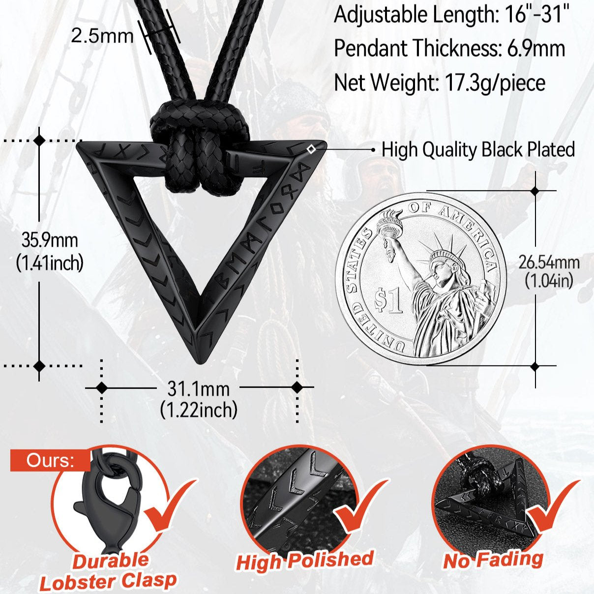 Viking Runes Triangle Necklace with Adjustable Braided Leather Chain