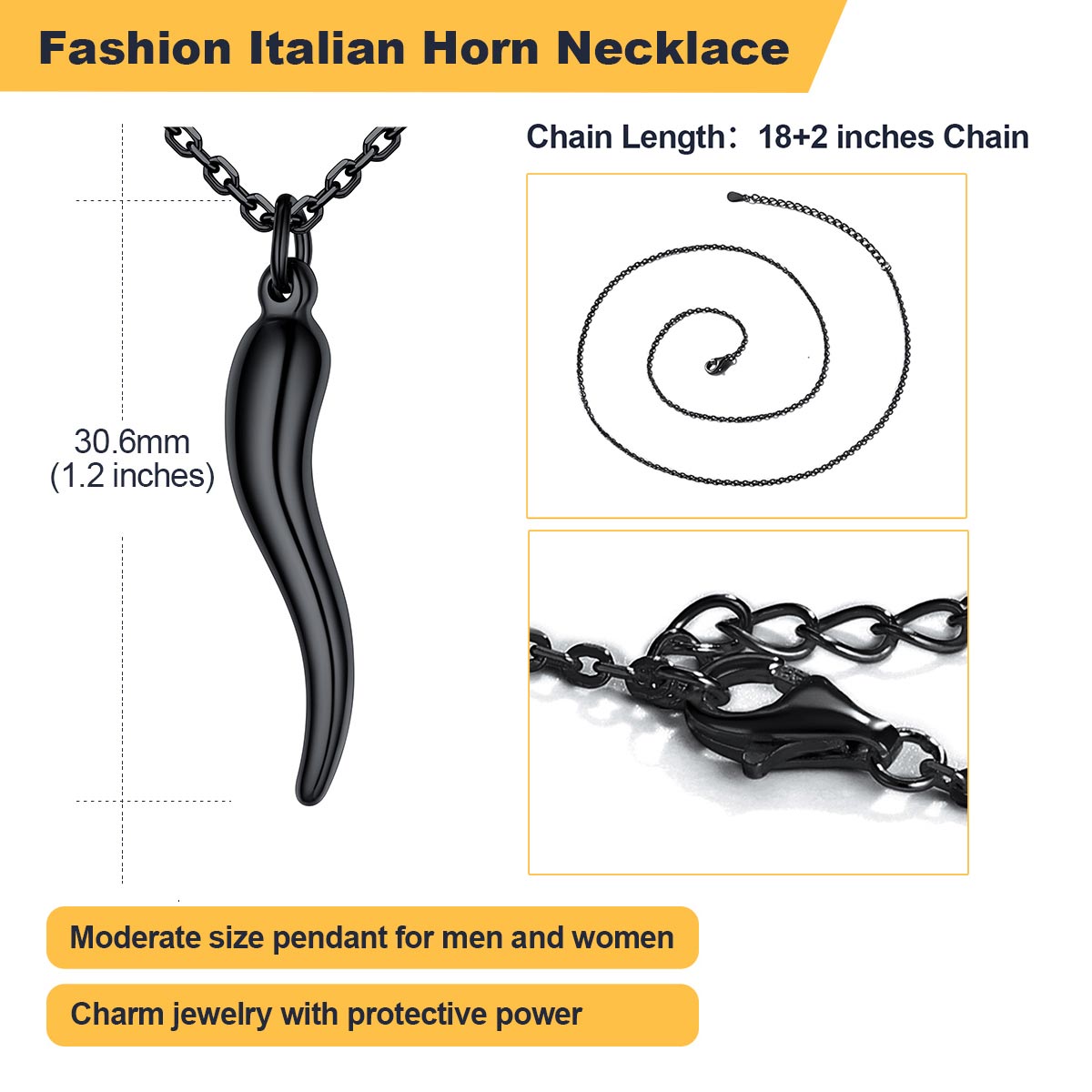 Black Italian Horn Necklace with Protective Power - 30.6mm Pendant