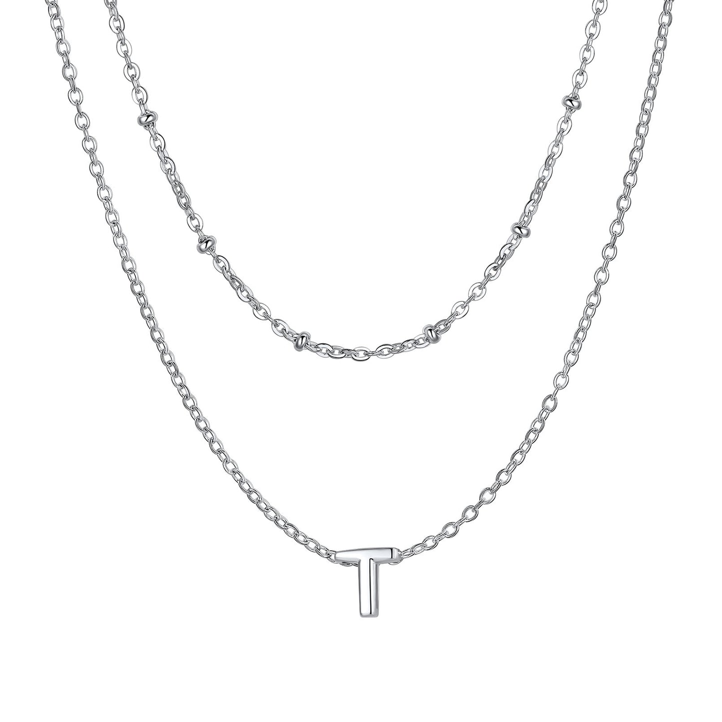 Silver initial necklace T ¨C modern silver T necklace in dual-chain look