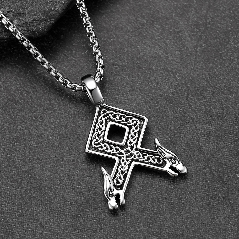 Viking Othala Rune Wolf Head Pendant Necklace for men