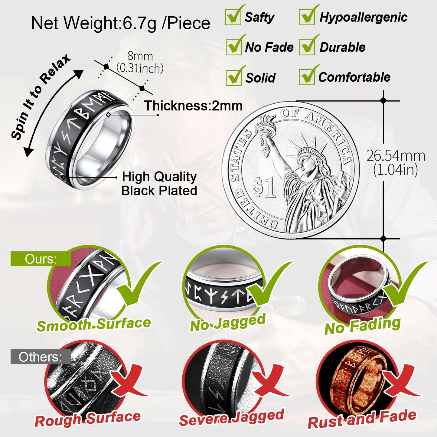 Viking Rune Fidget Ring features: smooth, durable, black plated stainless steel