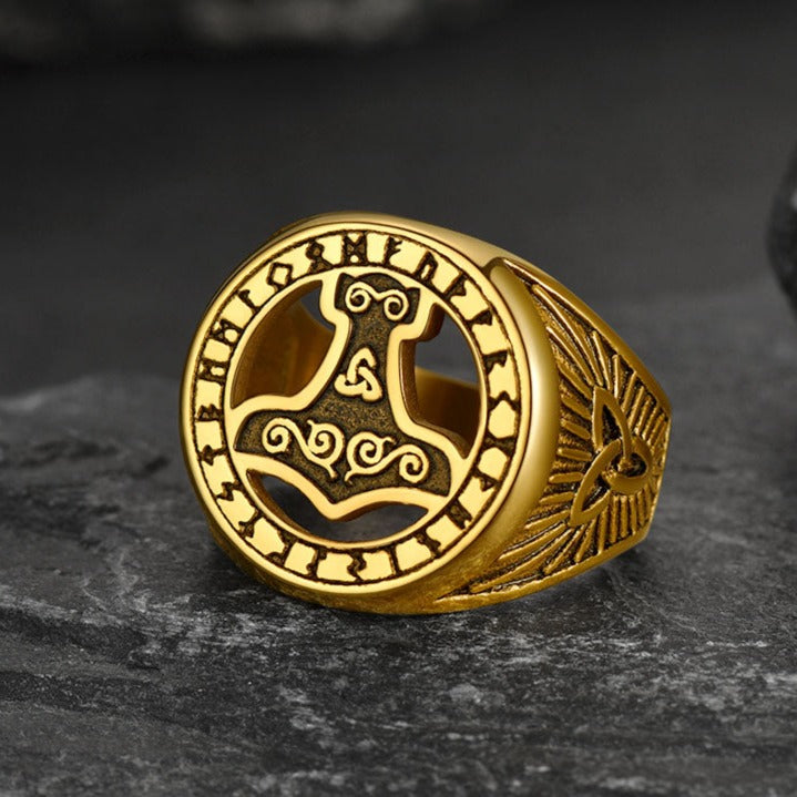 FaithHeart Viking Thor's Hammer Ring with Runes for Men FaithHeart