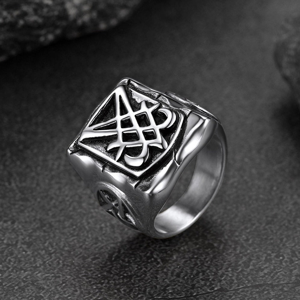 FaithHeart Satanic Lucifer Square Symbol Custom Signet Ring FaithHeart