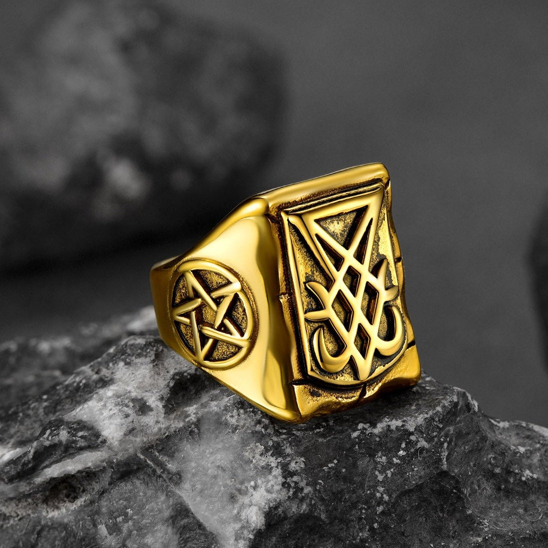 FaithHeart Satanic Lucifer Square Symbol Custom Signet Ring FaithHeart