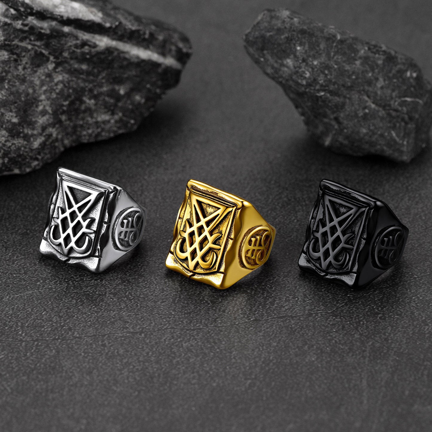 FaithHeart Satanic Lucifer Square Symbol Custom Signet Ring FaithHeart