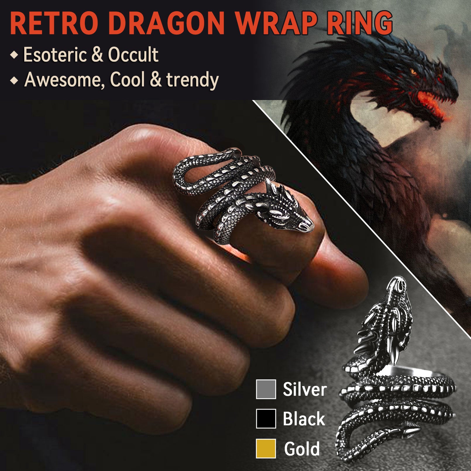 Retro dragon wrap ring for men, dragon jewelry